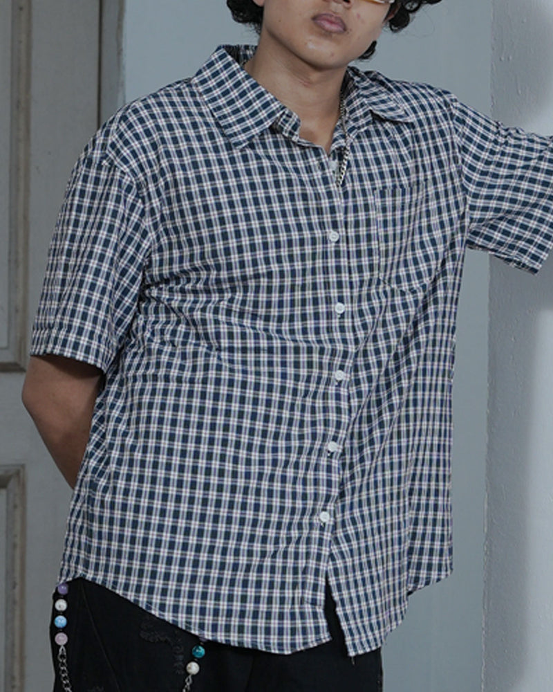 Classic Navy Checkered Short Sleeve Shirt