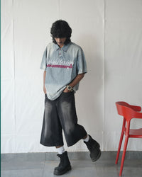 Oversized Washed Denim T-Shirt with Embroidered Graphic