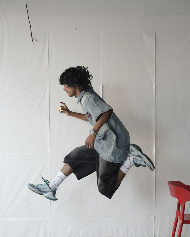 Oversized Washed Denim T-Shirt with Embroidered Graphic