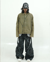 Olive Distressed Seam Utility Oversized Shirt