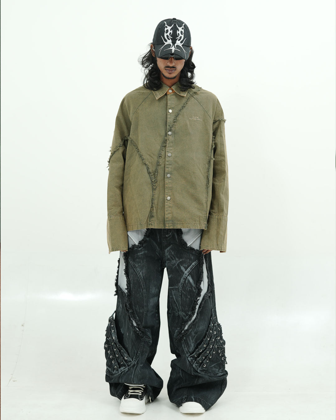 Olive Distressed Seam Utility Oversized Shirt
