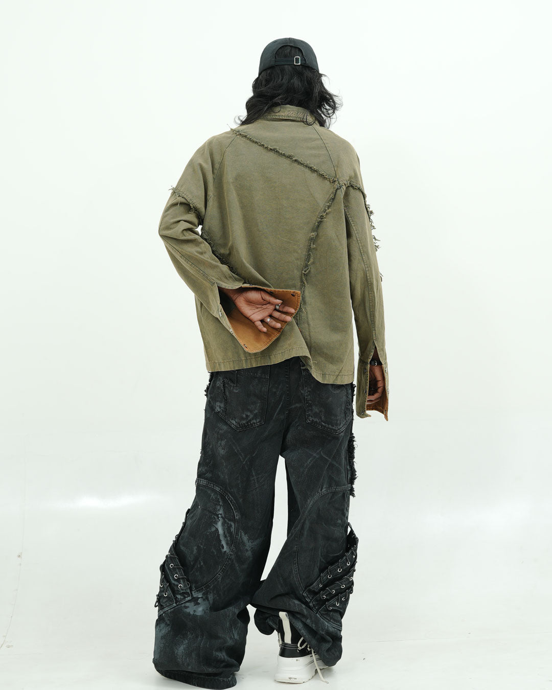 Olive Distressed Seam Utility Oversized Shirt