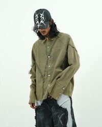 Olive Distressed Seam Utility Oversized Shirt