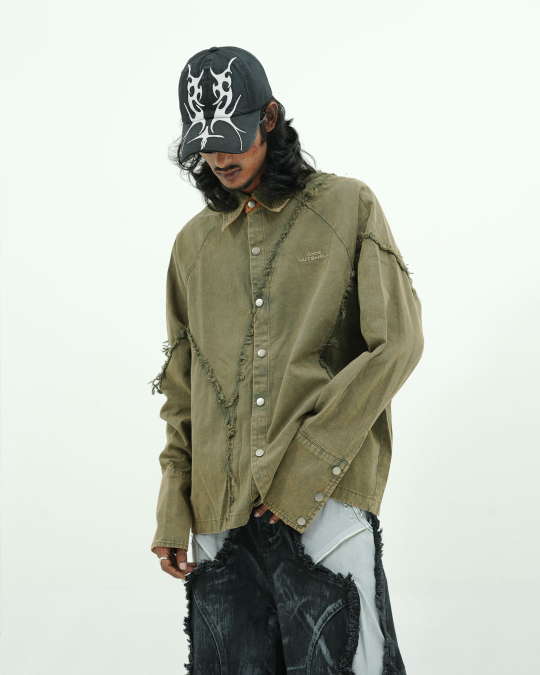 Olive Distressed Seam Utility Oversized Shirt
