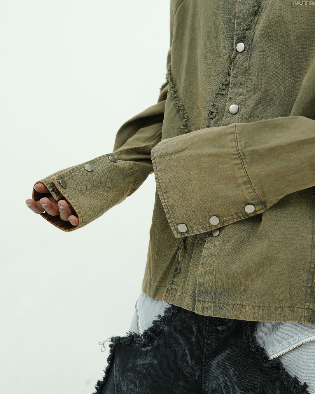Olive Distressed Seam Utility Oversized Shirt