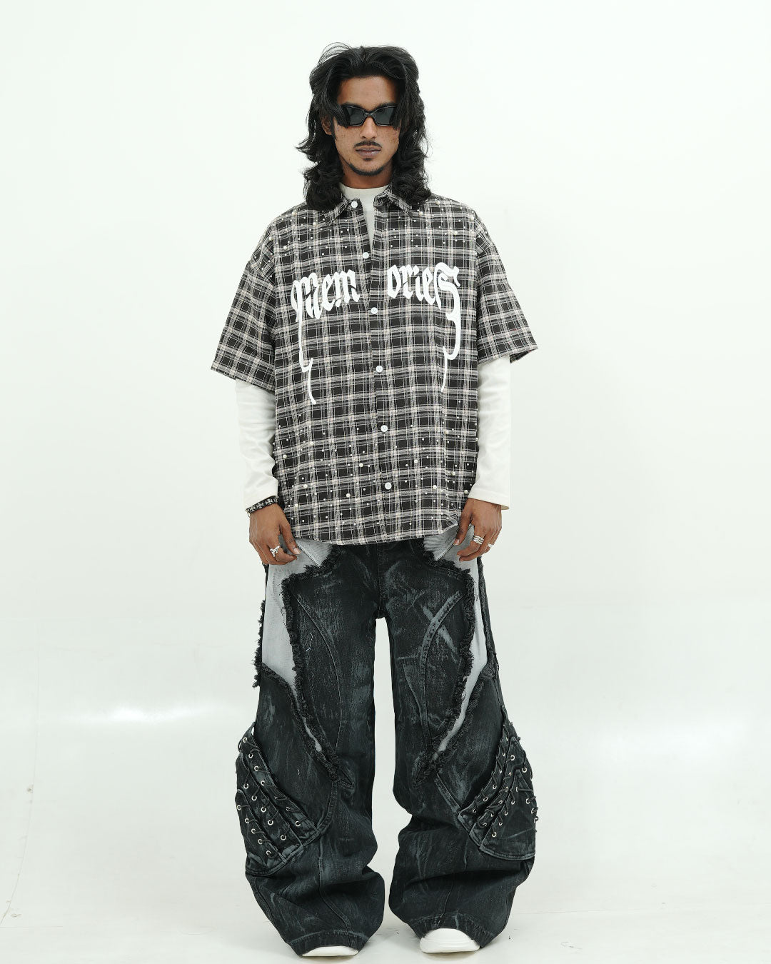 Black Plaid Pearl Embellished Oversized Shirt