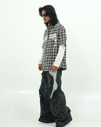 Black Plaid Pearl Embellished Oversized Shirt