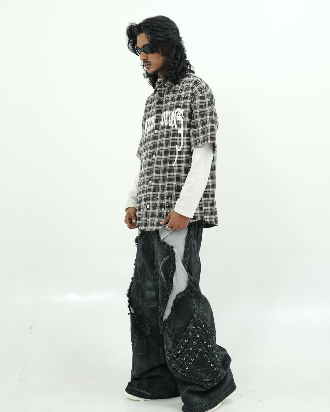 Black Plaid Pearl Embellished Oversized Shirt