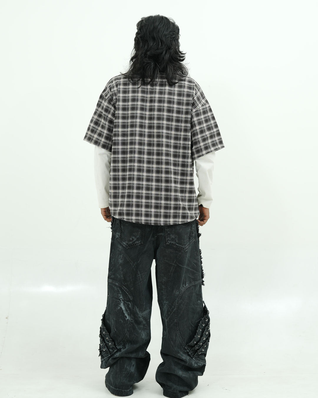 Black Plaid Pearl Embellished Oversized Shirt