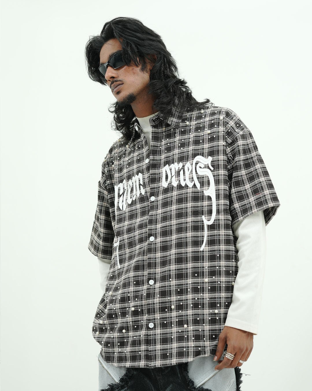 Black Plaid Pearl Embellished Oversized Shirt