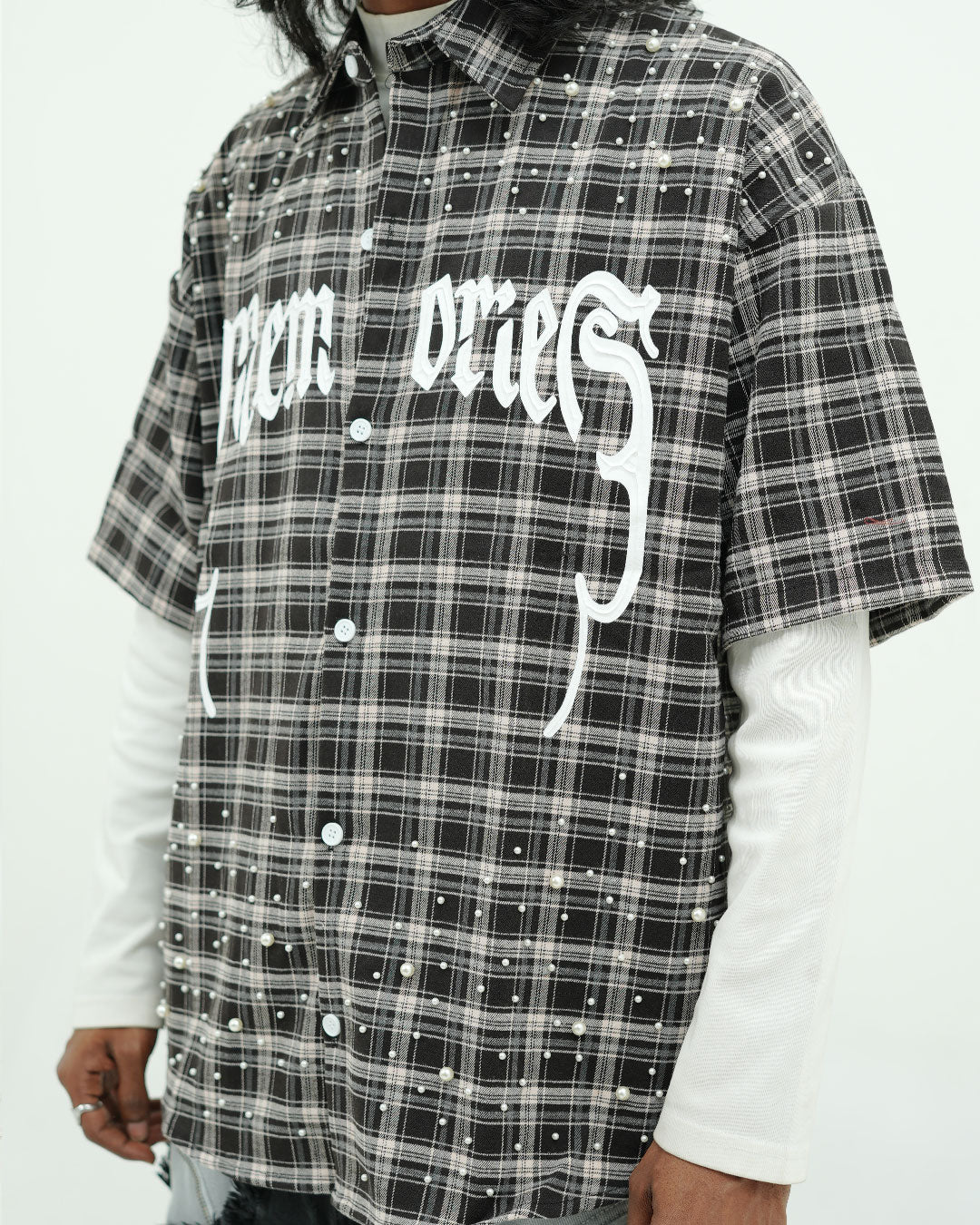 Black Plaid Pearl Embellished Oversized Shirt