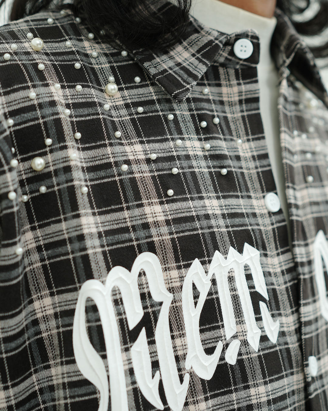 Black Plaid Pearl Embellished Oversized Shirt
