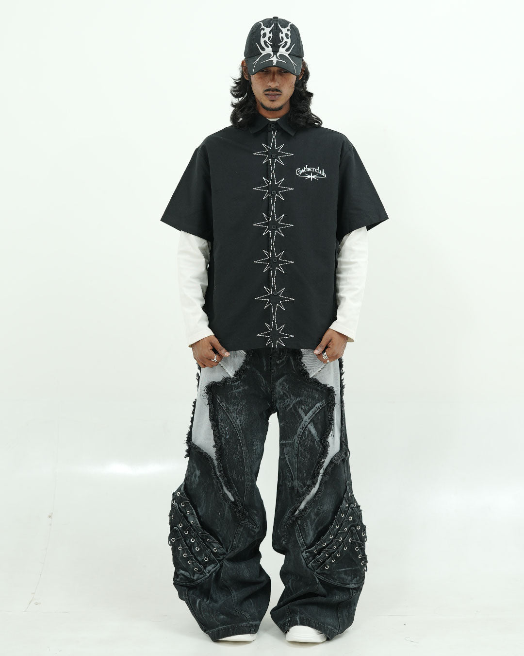 GATHERCLUB STAR STITCH OVERSIZED WHITE SHIRT