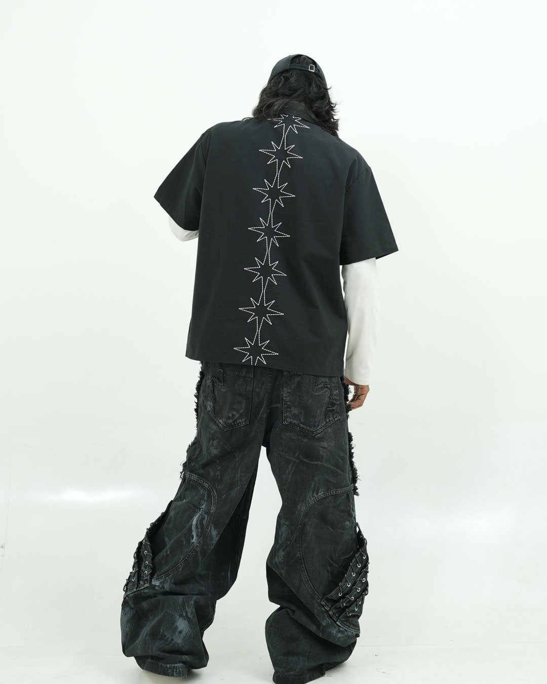 GATHERCLUB STAR STITCH OVERSIZED BLACK SHIRT