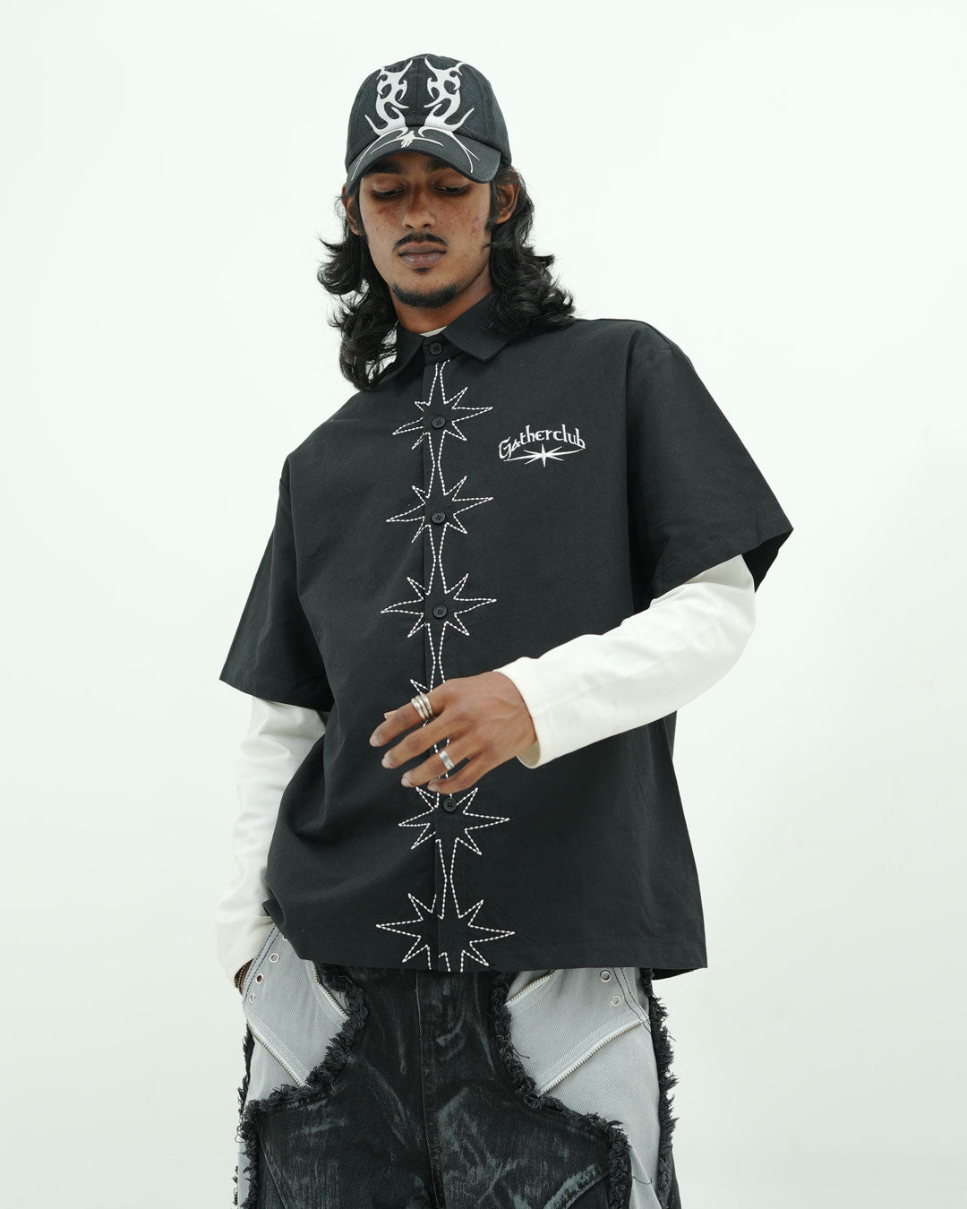GATHERCLUB STAR STITCH OVERSIZED BLACK SHIRT
