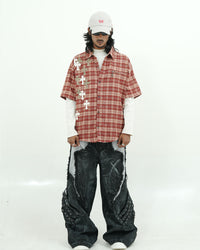 Rust Plaid Cross Appliqué Oversized Street Shirt