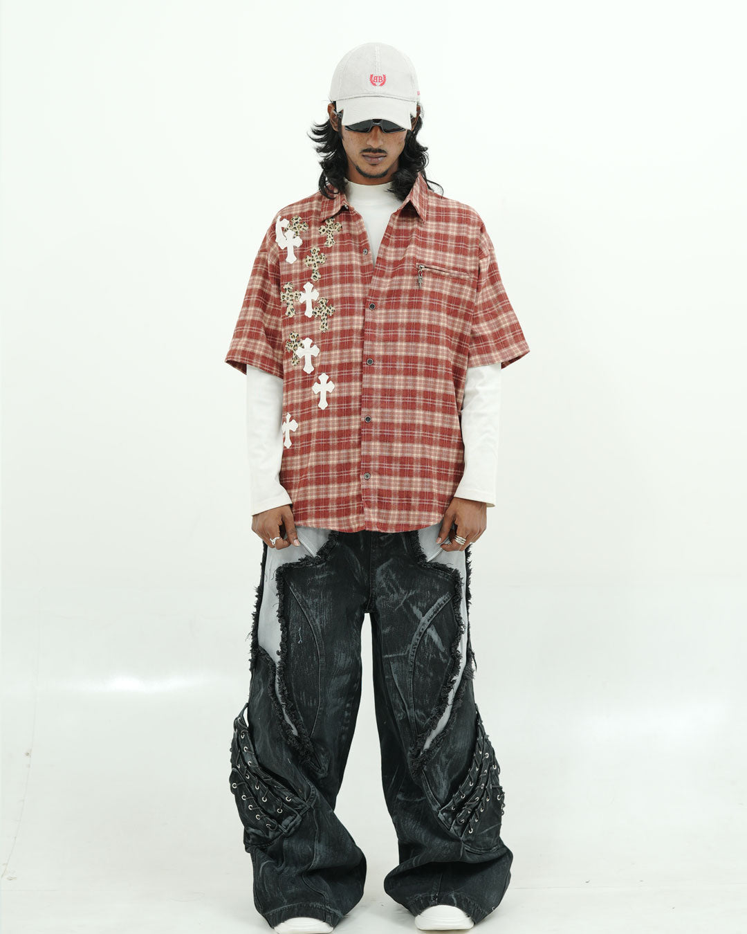 Rust Plaid Cross Appliqué Oversized Street Shirt