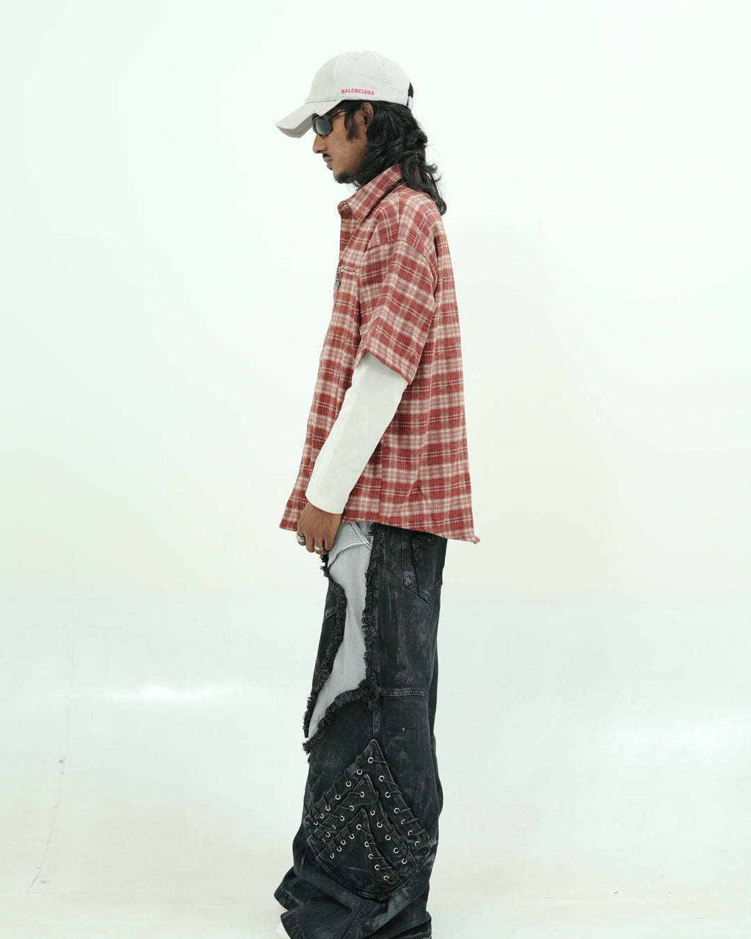 Rust Plaid Cross Appliqué Oversized Street Shirt