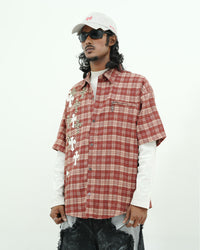 Rust Plaid Cross Appliqué Oversized Street Shirt