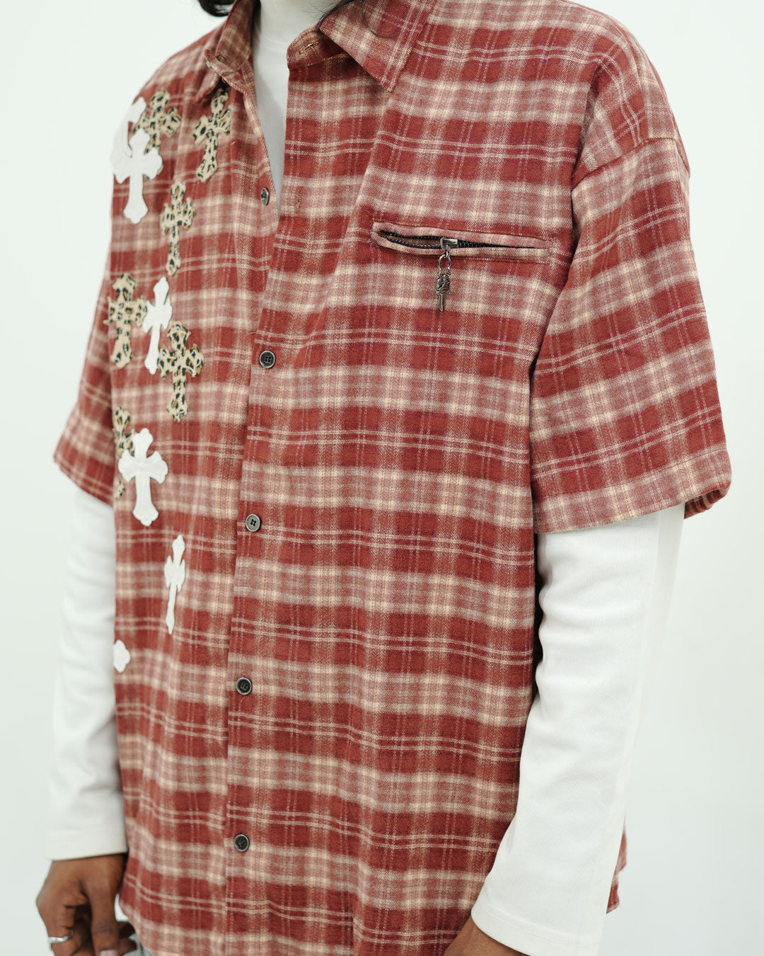 Rust Plaid Cross Appliqué Oversized Street Shirt