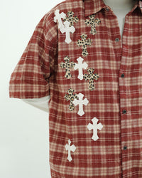 Rust Plaid Cross Appliqué Oversized Street Shirt
