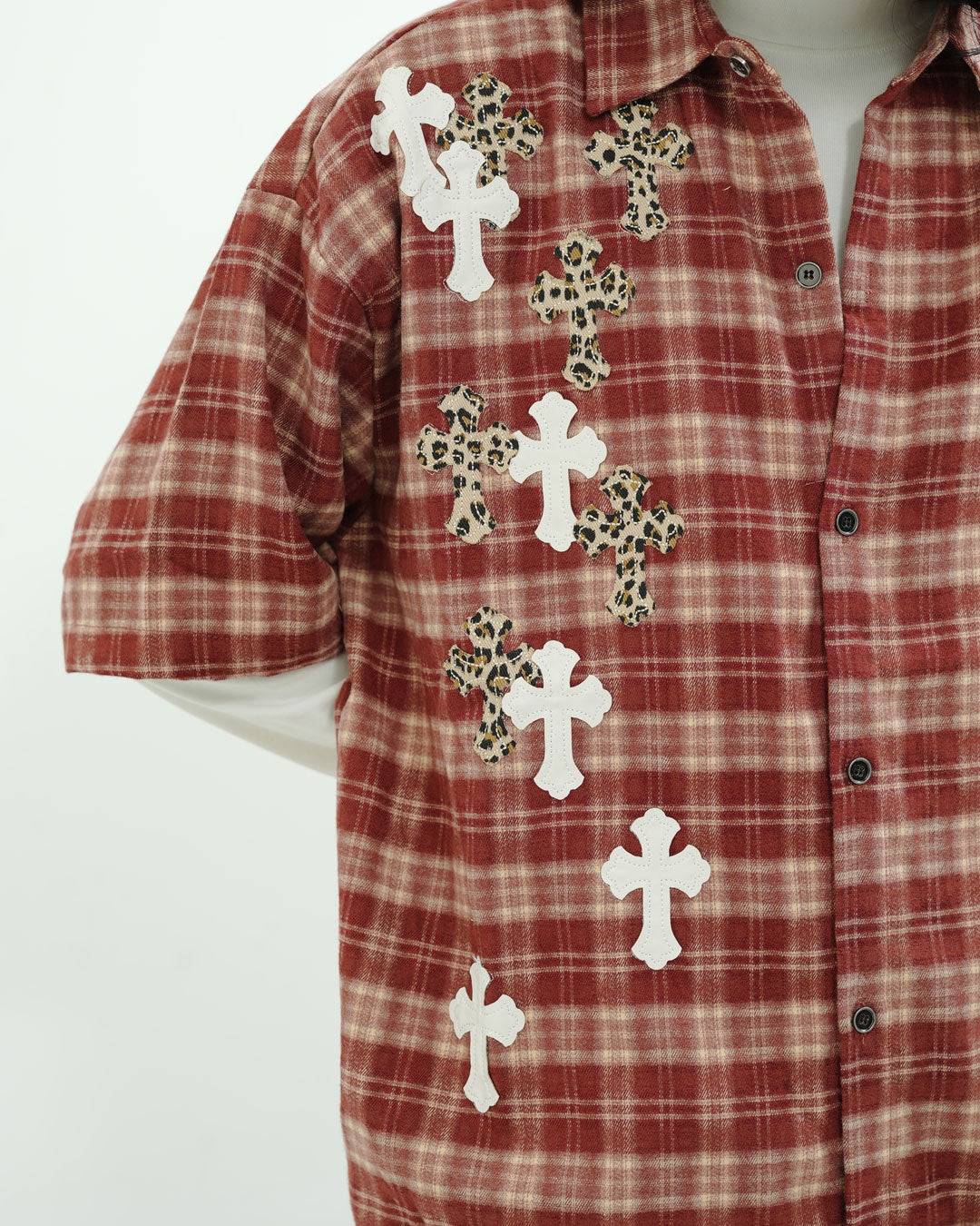 Rust Plaid Cross Appliqué Oversized Street Shirt