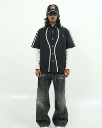 Black Contrast Piping Utility Oversized Street Shirt