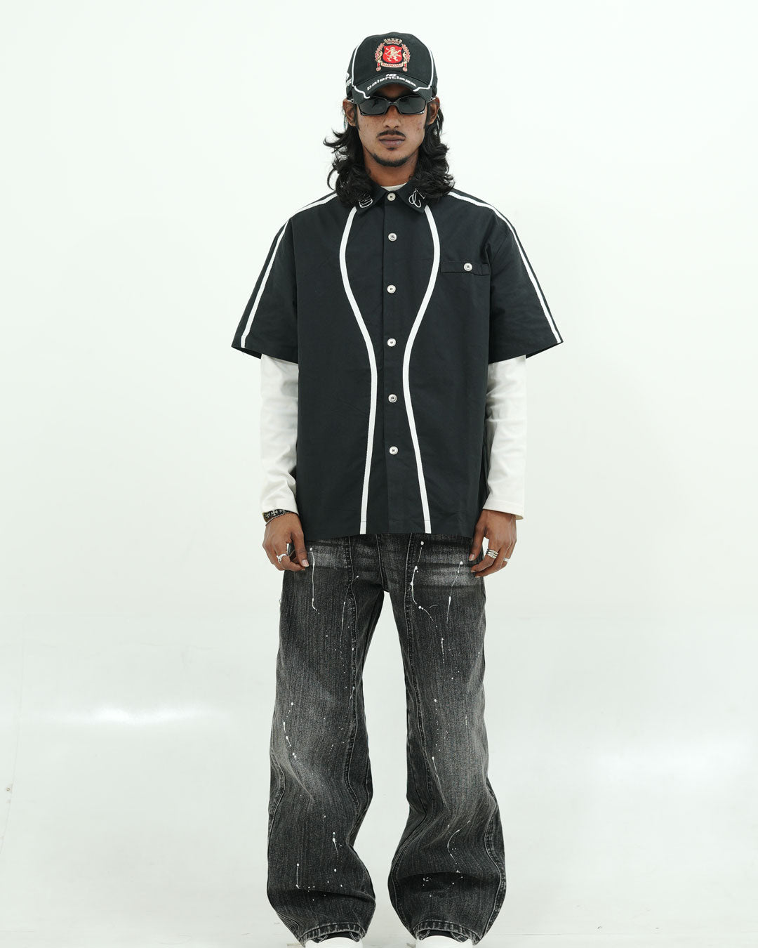 Black Contrast Piping Utility Oversized Street Shirt