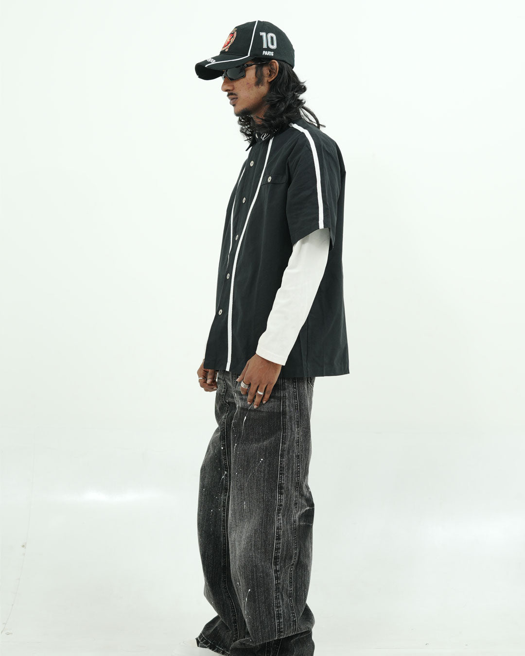 Black Contrast Piping Utility Oversized Street Shirt