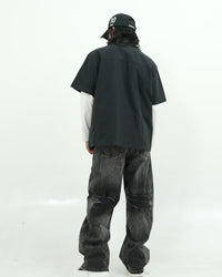 Black Contrast Piping Utility Oversized Street Shirt