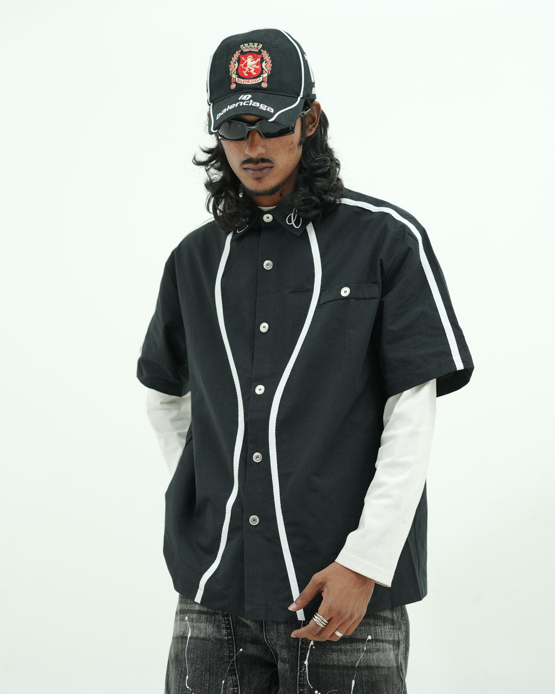 Black Contrast Piping Utility Oversized Street Shirt