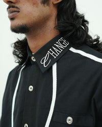 Black Contrast Piping Utility Oversized Street Shirt