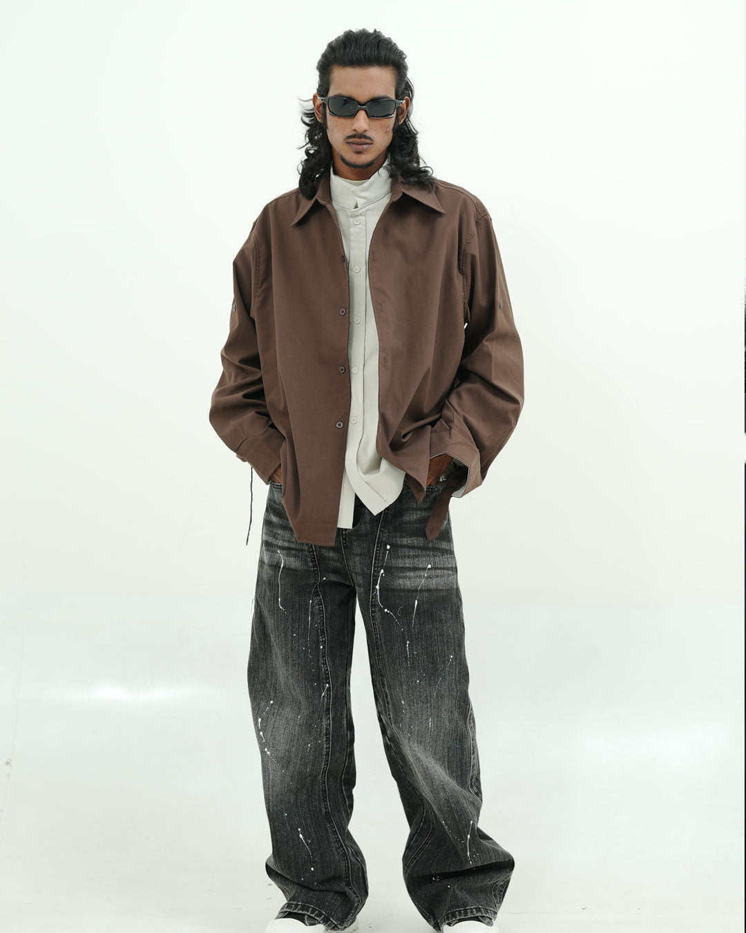 Brown Minimal Oversized Double Layer Utility Shirt
