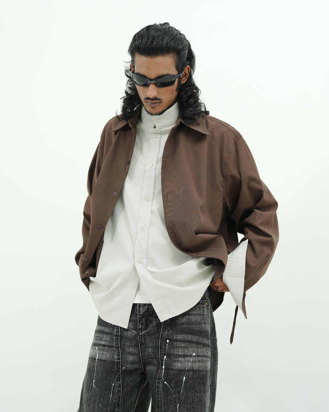 Brown Minimal Oversized Double Layer Utility Shirt