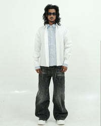 Men’s Layered Oversized White Shirt with Contrast Inner Check Panel