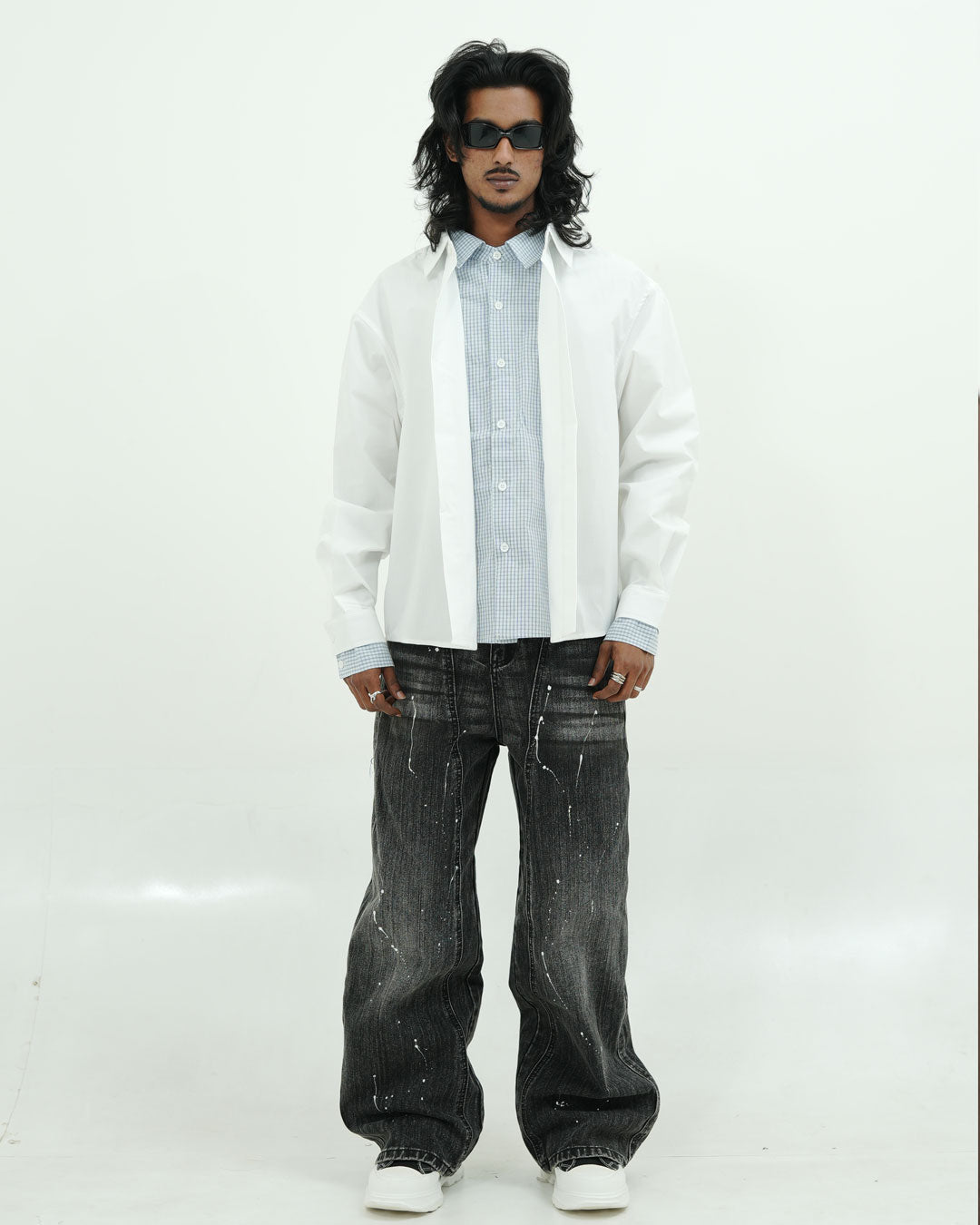 Men’s Layered Oversized White Shirt with Contrast Inner Check Panel