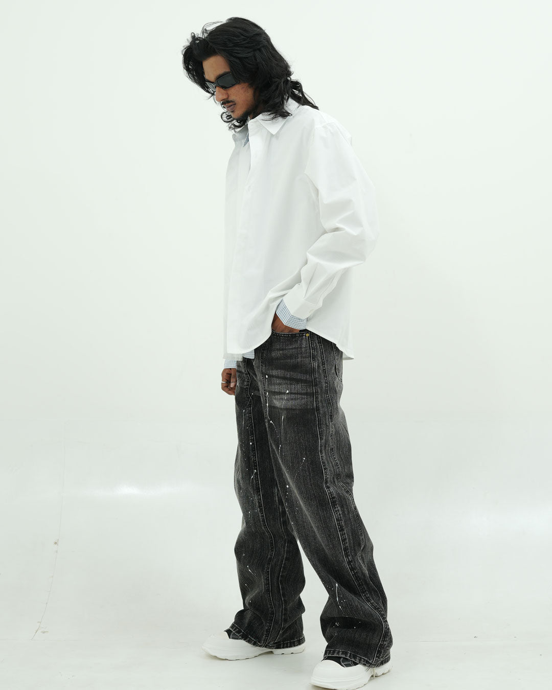 Men’s Layered Oversized White Shirt with Contrast Inner Check Panel