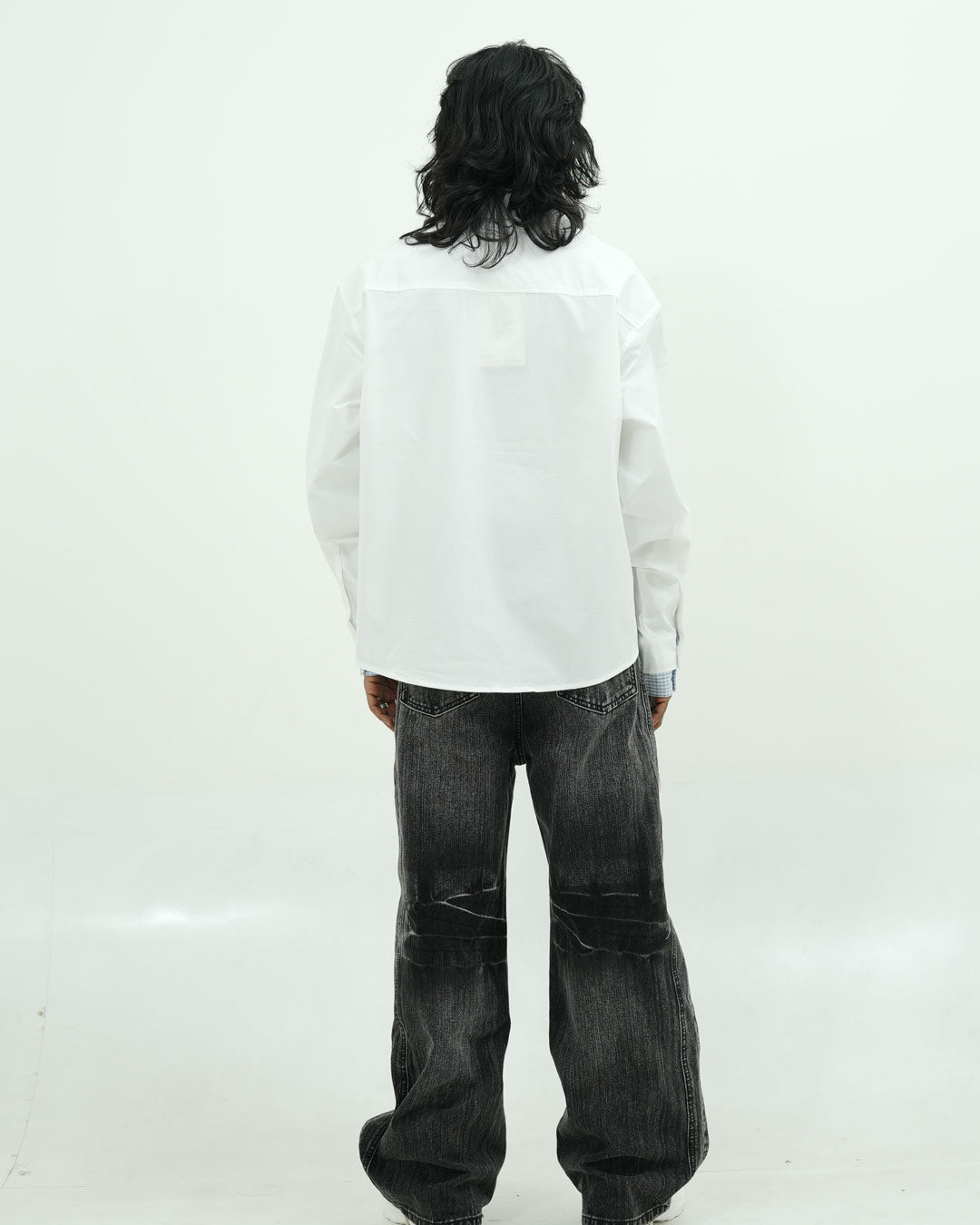 Men’s Layered Oversized White Shirt with Contrast Inner Check Panel