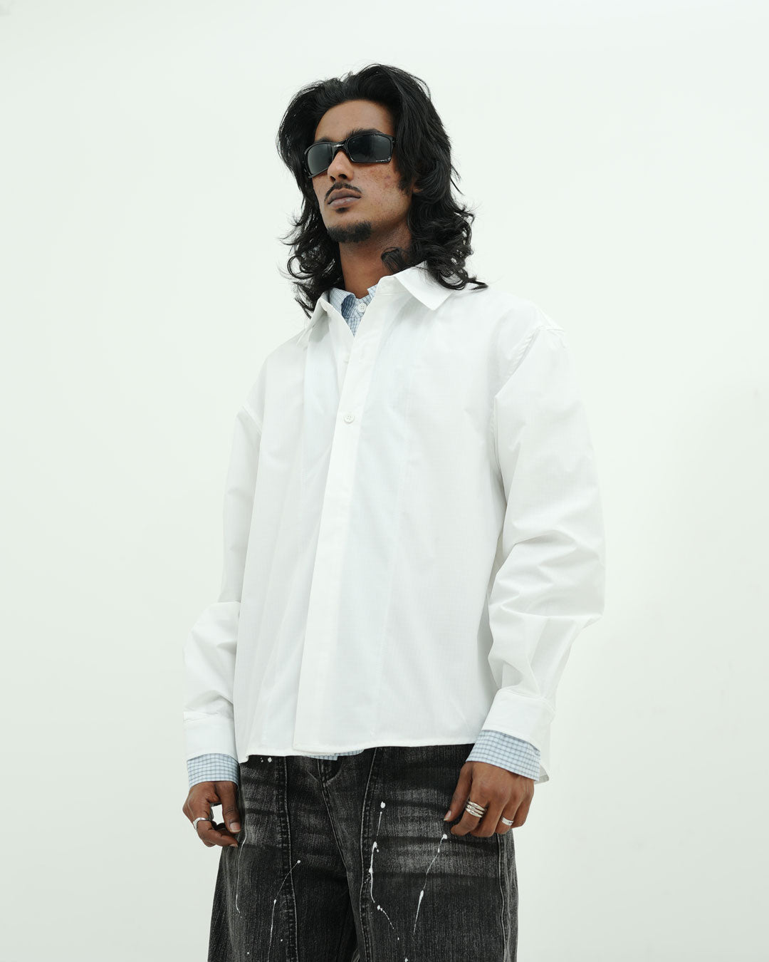 Men’s Layered Oversized White Shirt with Contrast Inner Check Panel