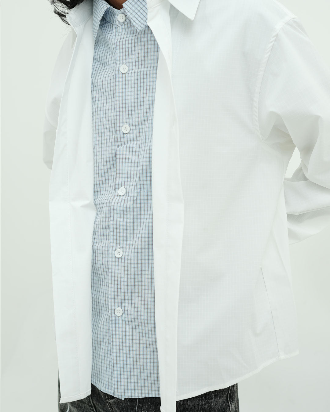 Men’s Layered Oversized White Shirt with Contrast Inner Check Panel
