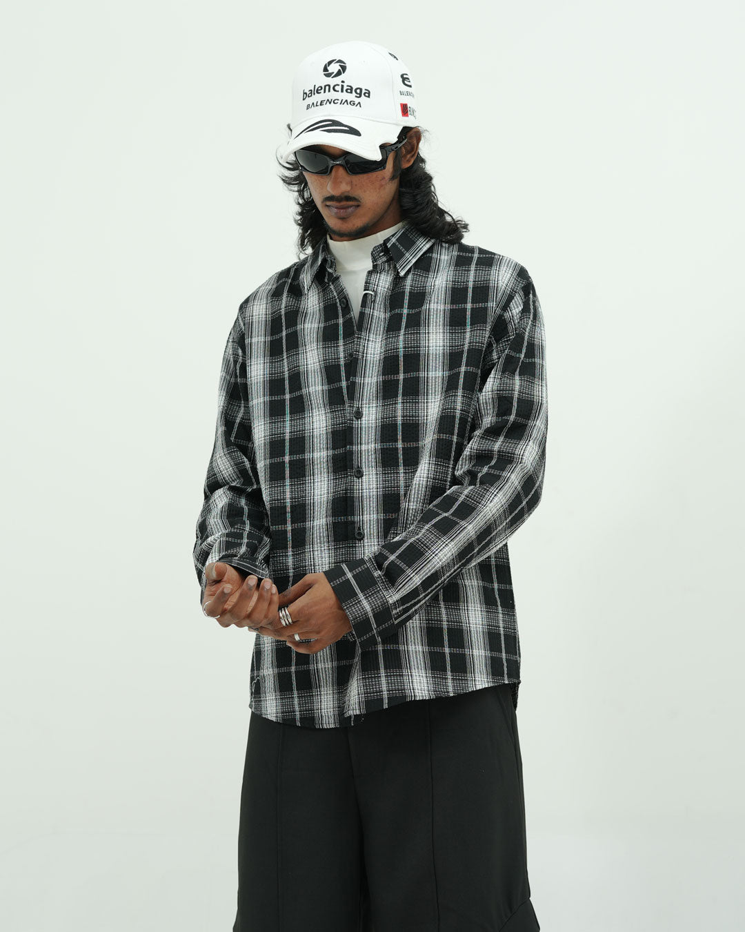 Oversized Black Check Textured Shirt