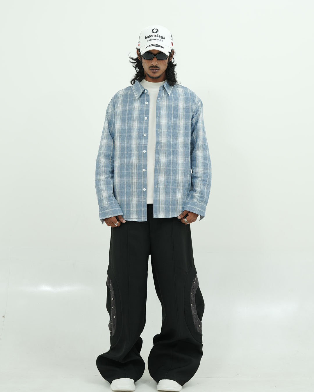 Light Blue Textured Plaid Full -Sleeve Shirt