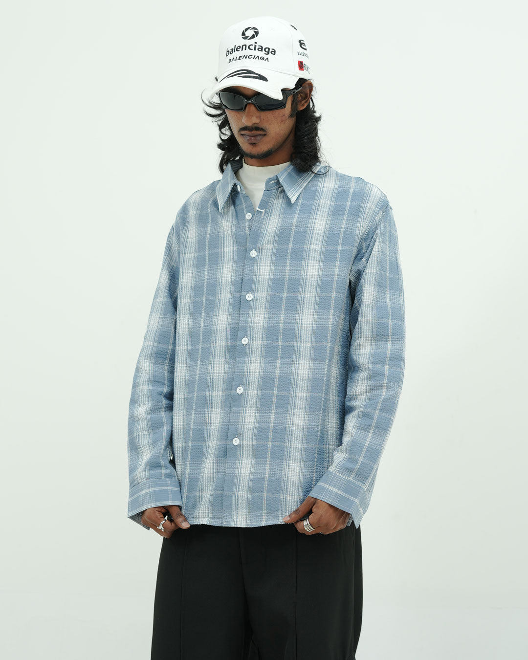Light Blue Textured Plaid Full -Sleeve Shirt