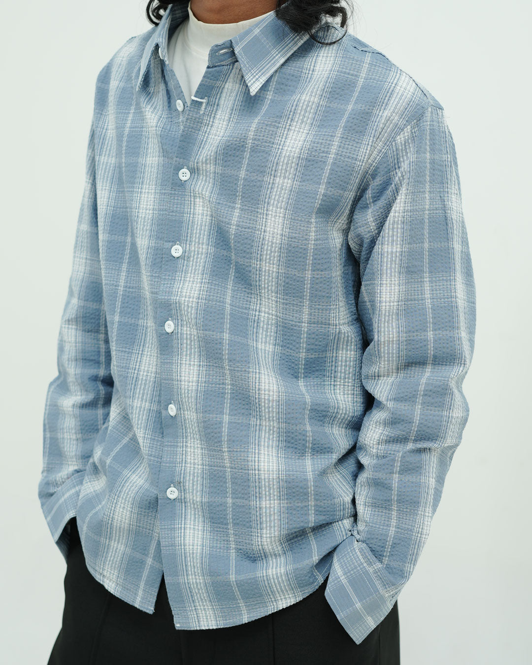 Light Blue Textured Plaid Full -Sleeve Shirt