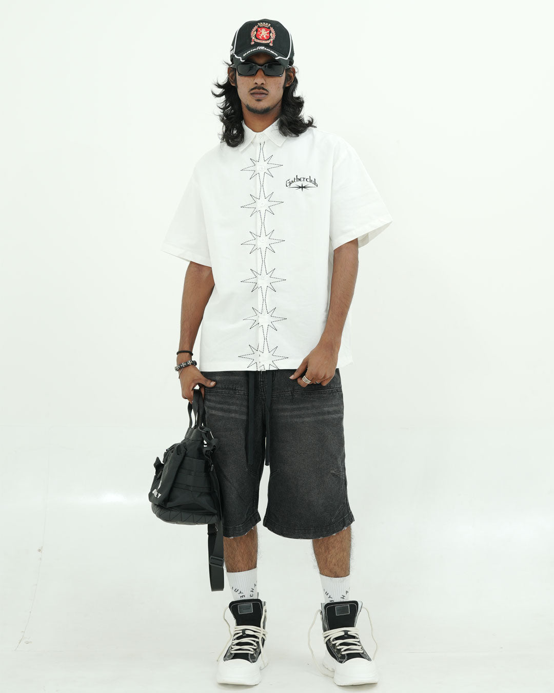 GATHERCLUB STAR STITCH OVERSIZED WHITE SHIRT