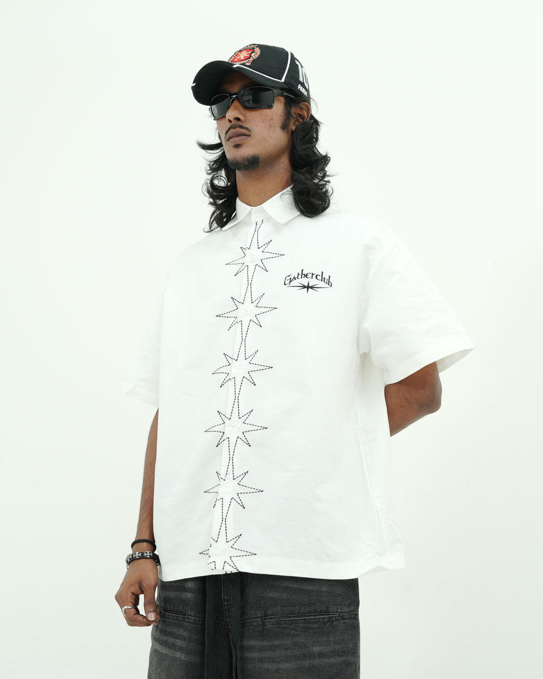 GATHERCLUB STAR STITCH OVERSIZED WHITE SHIRT