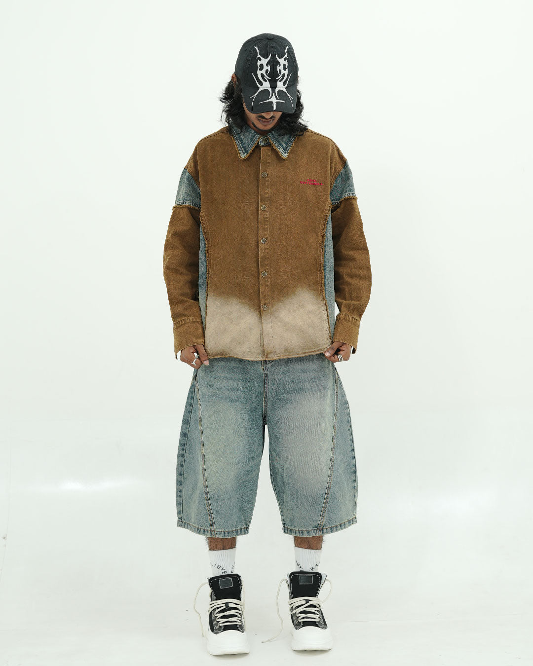 OVERSIZED PANELLED DENIM SHIRT WITH WASHED FADE FINISH