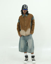 OVERSIZED PANELLED DENIM SHIRT WITH WASHED FADE FINISH