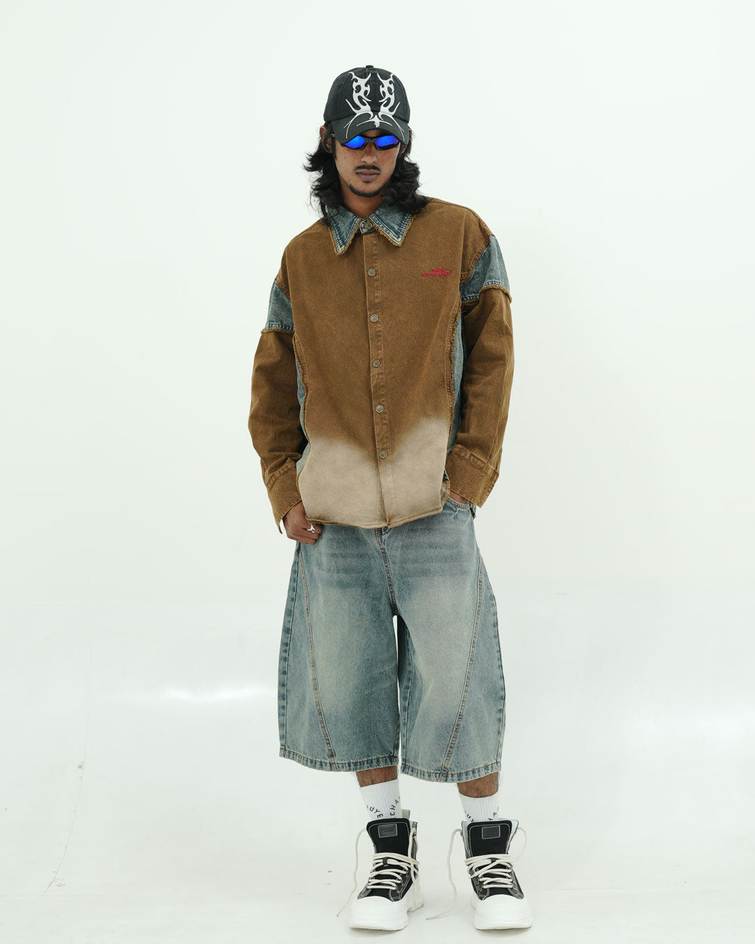 OVERSIZED PANELLED DENIM SHIRT WITH WASHED FADE FINISH