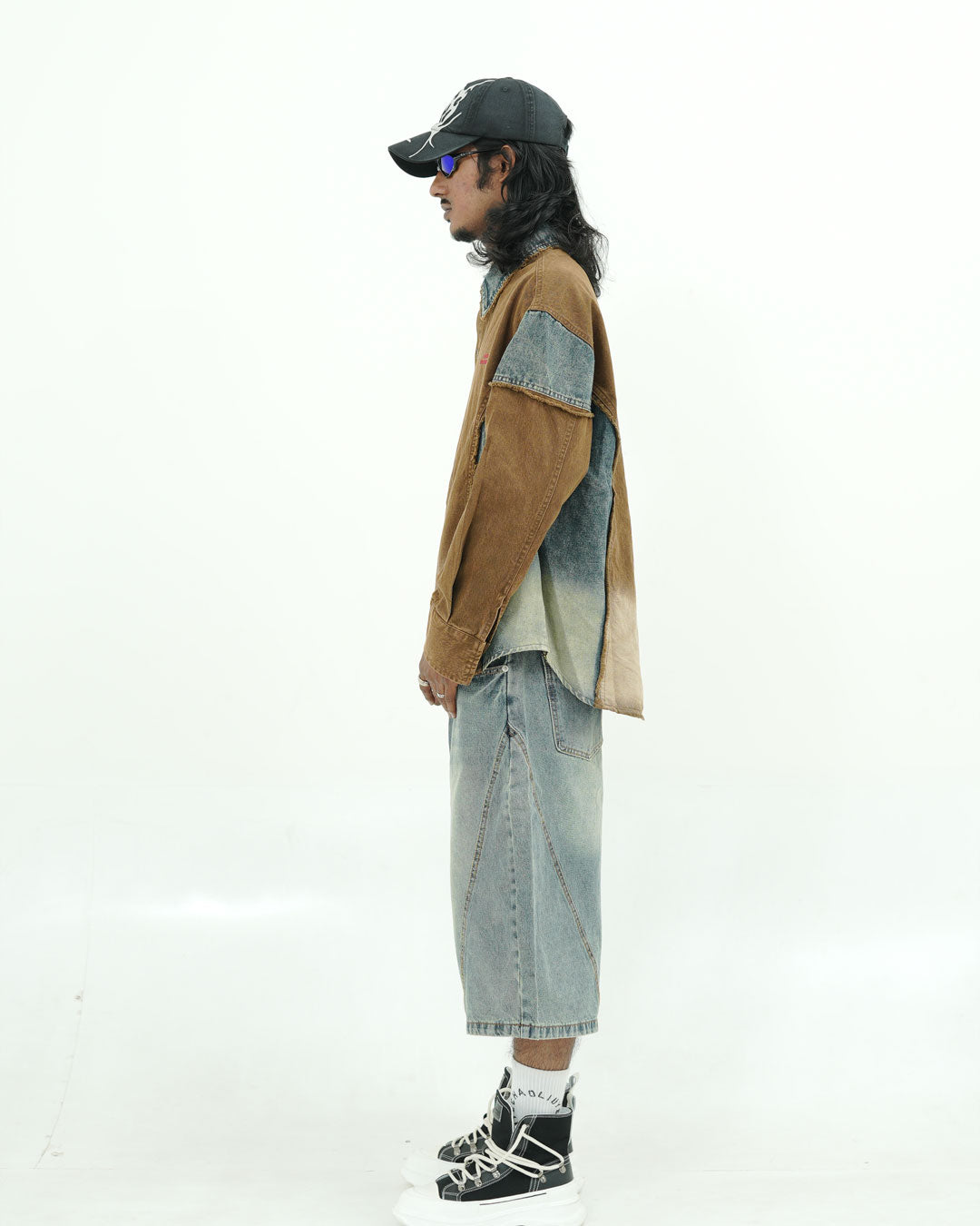 OVERSIZED PANELLED DENIM SHIRT WITH WASHED FADE FINISH